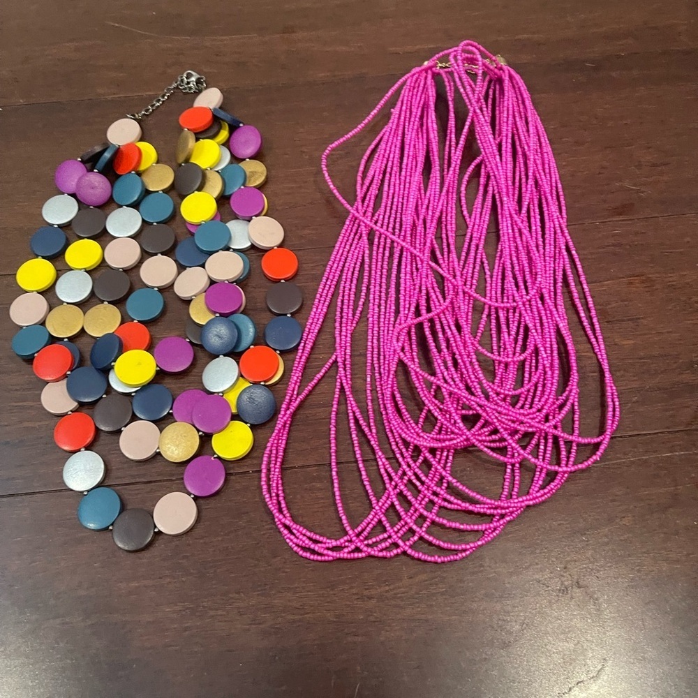 set of 2 -Colorful Disc Necklace and Pink Beaded Necklace Set
